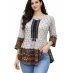 Women’s Boho Printed Peplum Top with Lace Detail – Cream & Rust
