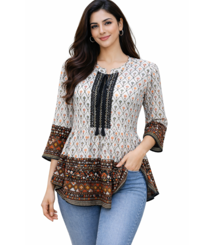 Women’s Boho Printed Peplum Top with Lace Detail – Cream & Rust