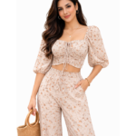 Floral Smocked Co-Ord Set with Puff Sleeves – Beige Blossom
