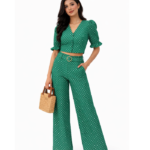 Emerald Green Polka Dot Co-Ord Set with Belted Wide-Leg Pants