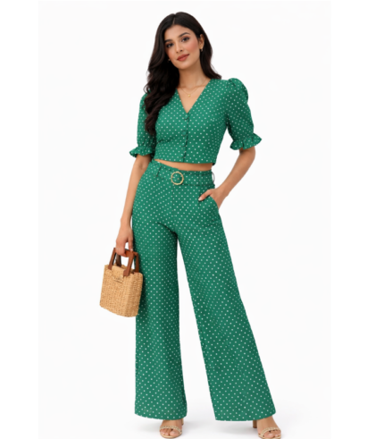 Emerald Green Polka Dot Co-Ord Set with Belted Wide-Leg Pants
