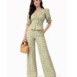 Olive Green Checkered Co-Ord Set with Peplum Top